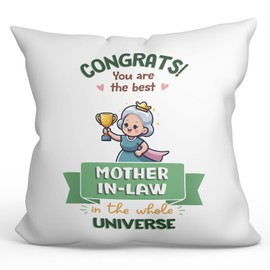 MUGFFINS MOTHER IN LAW Cushion Padding included - in English - Best in Universe Trophy - Funny gift - Pillow: cover and filling 15.7x15.7 inches