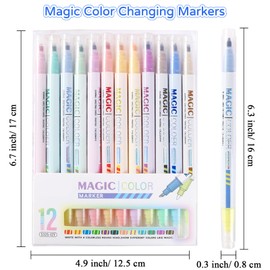 SAYEEC Magic Color Changing Markers, 12 Vibrant Colors Amazing Magic Highlighters, Double Sided Fun Fluorescent Drawing Marker Pens for DIY Cartoon Diary, Note Taking, Coloring Book, 3D Lettering