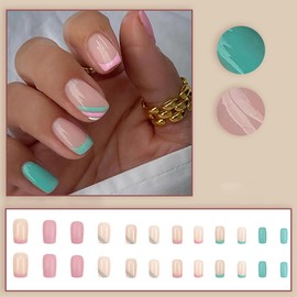 Square Shape Press on Nails Short French Tip Fake Nails with Glue French Stripe False Nails Glue on Nails Reusable Nude Acrylic Nails for Girls Full Cover Artificial Nails 24 Pcs