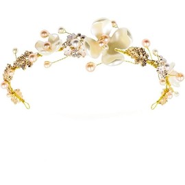 Gold Tiaras for women Pearl Bride Crowns Wedding Headpiece Gold Flower Bridal Hair Piece Princess Leaf Headdress Birthday Party Prom for Women (Gold)