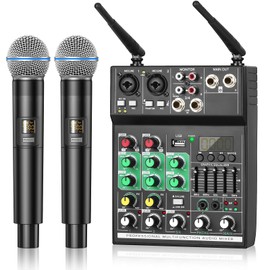 4 Channel Audio Mixer,Sound Mixer with Dual Wireless Microphone,Mixing Console with Digital Sound Board,DJ Mixer with 48V Phantom Power,BT, USB MP3 Input for Live Streaming Podcasting DJ Show