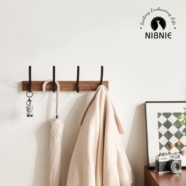 NIBNIE 16 Inch Small Walnut Wood Coat Rack Wall Mount with 4 Hooks, Adhesive & Drilling Mounted, Heavy Duty Wooden Wall Coat Hanger Hanging Towel Clothes Hat Bag Purse Key Jacket Backpack Holder