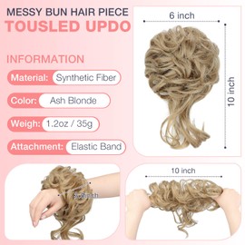 Messy Bun Hair Piece Tousled Updo Hair Extension with Elastic Rubber Band Synthetic Curly Wavy Hair Bun Scrunchie for Women Girls, Ash Blonde 1.2oz