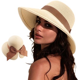 DRESHOW Sun Hats for Women Travel Fedora Foldable Beach Sun Hat Summer Wide Brim Straw Bucket Hat with Bowknot UPF 50+