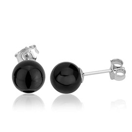 NKlaus Pair of Genuine Onyx Stud Earrings 925 Sterling Silver Rhodium-Plated 8 mm Round 3777, Sterling Silver, Onyx