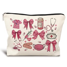 LIANGW Nurse Makeup Bag, Coquette Pink Bow Cosmetic Bags for Women, Nurses Week Gifts, Nurse Appreciation Gifts, Preppy Aesthetic Nursing Zipper Makeup Pouch