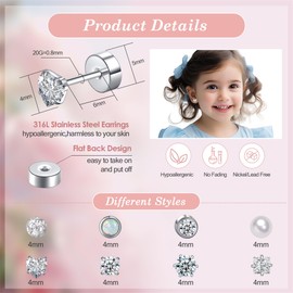 FANCH 8Pairs Flat Back Earrings Titanium Stud Earrings for Women Hypoallergenic Tiny Cubic Zirconia Pearl Ball Heart Opal Earrings 316L Stainless Steel Screwback Stud Earrings Silver