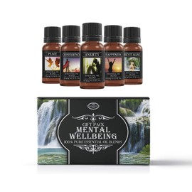 Mystix London | Mental Wellbeing Essential Oil Blend Gift Pack 5x10ml | Anxiety, Confidence, Happiness, Peace, Revitalise | Perfect as a gift