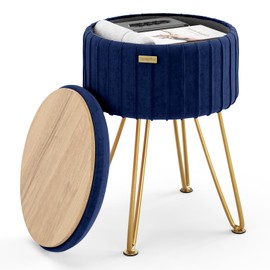 STORAGEBUD Round Ottoman with Storage, Pleated Velvet Storage Ottoman, Foot Stool Ottomans, Makeup Vanity Stool, Small Ottomans Foot Rest, Modern Vanity Stools for Living Room and Bedroom, Blue