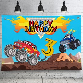 Monster Truck Birthday Backdrop for Boys - 5x3 Feet Photography Background with Trucks & Cars, Happy Birthday Banner for Kids Party Decor, Photo Booth Studio Props