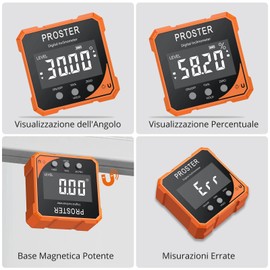 Proster Livella Digitale Inclinometro con Display LCD VA Misurazione Angolare 4x90° Funzione di Zero e Magnete Precisione 0,05° Lettura Invertibile Avviso di Batteria Bassa con Batteria e Cacciavite