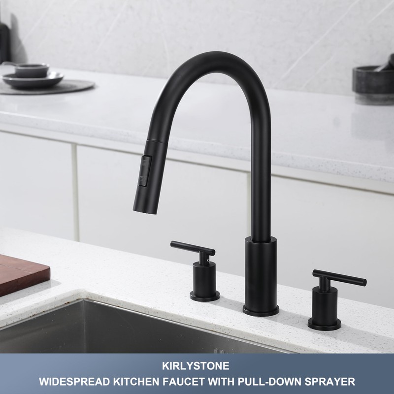 KIRLYSTONE Black Kitchen Sink Faucet, 3-Hole Kitchen Faucet with Pull-Down