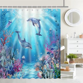 Avezano Dolphin Shower Curtain Blue Ocean Dolphin Ocean Animal Bathroom Shower Curtain Dolphin Waterproof Fabric Shower Curtain Bathtub Decor with 12 Hooks 72 X 72 Inch
