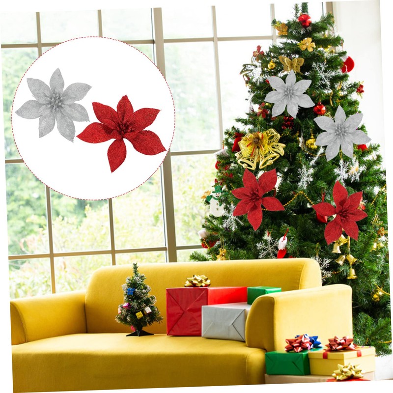 iplusmile 10pcs Glitter Artificial Christmas Flowers Red Silver Tree Hanging