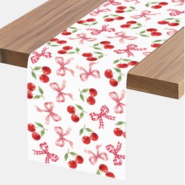 Cherry Pattern Table Runner, Red and White Floral Design with Bows, 72 x 13 inches