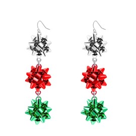 Christmas Bow Earrings Holiday Xmas Bow Earrings for Women Red Green White Bow Drop Dangle Earrings Triple Bow Earring Jewelry (Silver)
