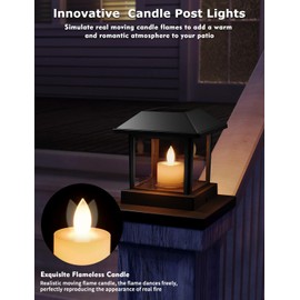 4 Pack Solar Post Lights Outdoor with 3D Flickering Candle Wick, Solar Post Cap Lights IP67 Waterproof, Warm LED Lighting Decor for Fence Deck Mailbox Yard Porch, Fit 4x4, 5x5 or 6x6 Vinyl/Wooden Post