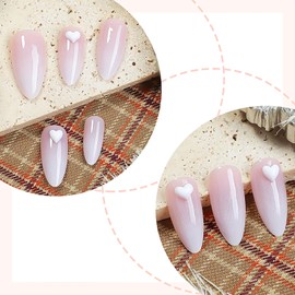 Vokupoga Almond Press on Nails Medium Fake Nails Pink Ombre False Nails with 3D Heart Designs Valentine Day Nail Press ons Sparkly Glue on Nails Cute Stick on Nails for Women 24Pcs