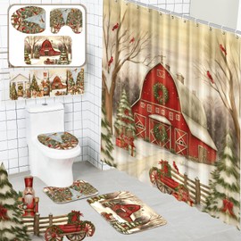 8 Pcs Christmas Shower Curtain Set Xmas Santa Bathroom Decoration Christmas Tree Hand Towels Snowman Toilet Lid Cover Bathroom Rugs Christmas Shower Curtain with Hooks(Farmhouse Style,Retro Color)
