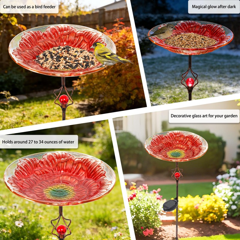 MUMTOP Solar Bird Bath for Outdoor, Glass Bowl Metal Stake