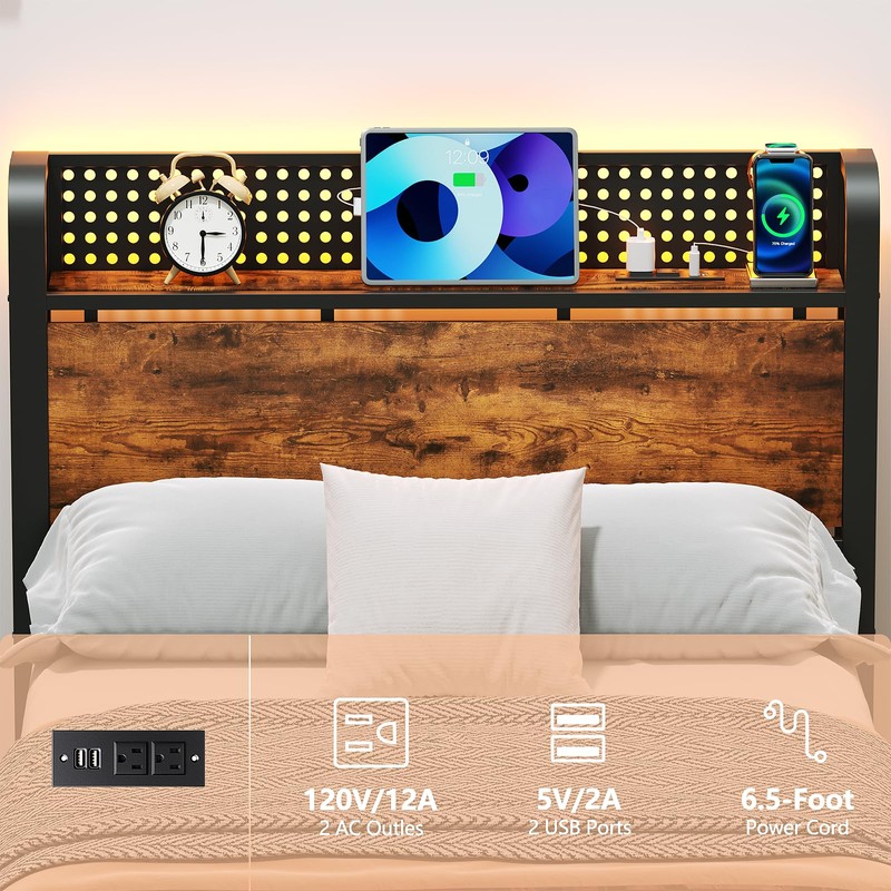 Furnulem Bed Frame Twin Size with LED Lights & Charging