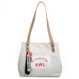 Komost Aesthetic Canvas Tote Bag with Keychain Pendant for Women, Portable Shoulder Tote Bag for Outdoor Work Travel Shopping (White)