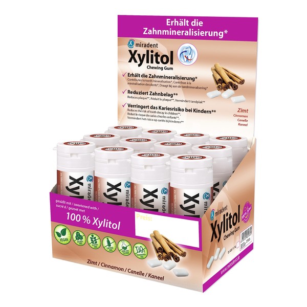 miradent Xylitol Dental Care Chewing Gum Cinnamon Display Pack of 12 | Spicy Taste | Sugar-Free | Vegan | Caries Preventive | No Aspartame, Sorbitol, Lactose, Titanium Dioxide | for on the Go