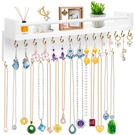 OURISE Necklace Holder Wall Hanging Jewelry Organizer with 30 Hooks & Cosmetics Shelf,Wall Jewelry Organizer for Necklaces Bracelet Earrings Ring