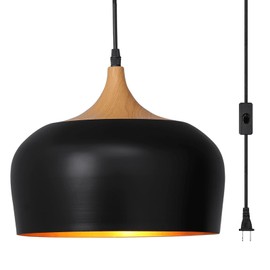 Big Plug in Pendant Light Modern Hanging Light Fixture with 16.4ft Cord On/Off Switch for Kitchen Island,Dining Room,Over Table,Black and Wood Grain Paint