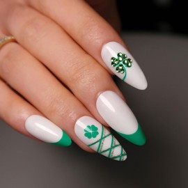 St. Patrick's Day Press on Nails Medium Length Fake Nails Green with Shamrock Rhinestone Heart Clover Design False Nails White Glossy Stick on Nails for Women St. Patrick's Day Nail Decoration 24Pcs