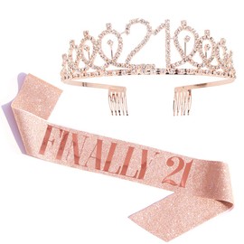 "Finally 21" Sash & Rhinestone Tiara Set - 21st Birthday Gifts Birthday Sash for Women Fun Party Favors Birthday Party Supplies (Gold Glitter with Rose Gold Lettering)