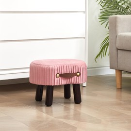 Small Footstool with Handle, Velvet Ottoman Foot Rest with Padded Seat, Curved Foot Stool with Wooden Legs, Portable Foot Rest for Living Room, Bedroom, Entryway, Pink