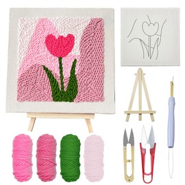 Woohome Punch Needle Starter Kit, Punch Needle Embroidery Kit Frame with Punch Needle Fabric, Hoop, Yarns, Punch Needle for Beginner (Pink and Tulips)