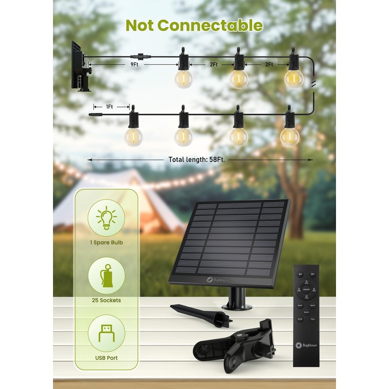 Brightown 58FT Solar String Lights Outdoor with Remote Cable Ties