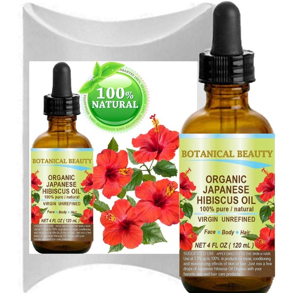 Organic HIBISCUS OIL (Hibiscus Sabdariffa) JAPANESE 100 Pure Natural VIRGIN UNREFINED COLD PRESSED Anti Aging, Vitamin E oil for FACE, SKIN, HAIR GROWTH 4 Fl.oz.- 120 ml by Botanical Beauty