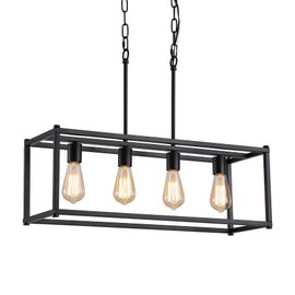 AMZASA Black Rectangle Island Lighting Rectangular Modern Industrial Chandelier 4 Lights Linear Vintage Cage Light Fixtures for Kitchen Dining Room (Height Adjustable)