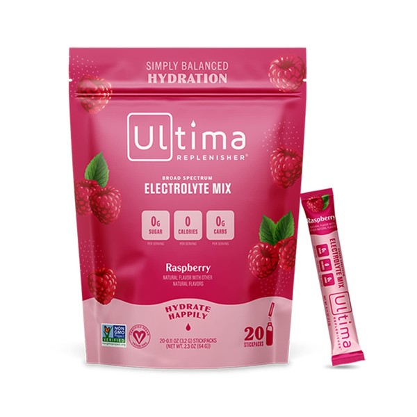 Ultima Replenisher Hydration Electrolyte Packets- 20 Count- Keto & Sugar Free- On the Go Convenience- Feel Replenished, Revitalized- Non-GMO & Vegan Electrolyte Drink Mix- Raspberry​