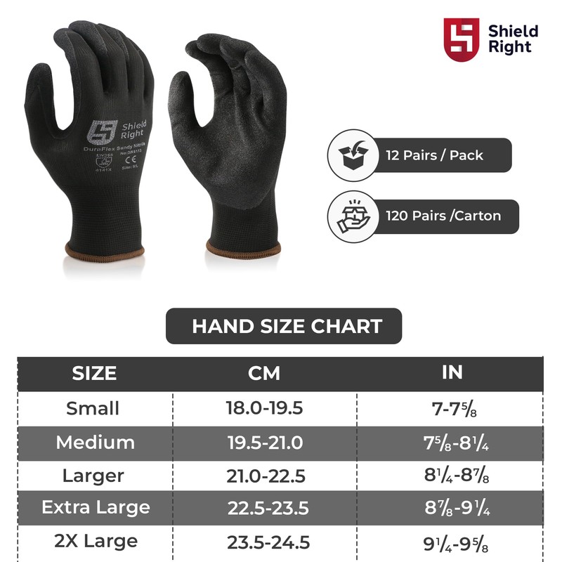 Shield Right DuraFlex Sandy Nitrile Work Gloves,13 Gauge Black Nylon,12