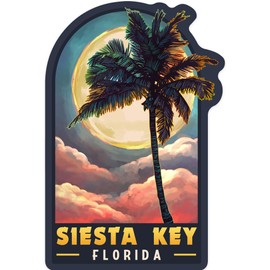Lantern Press Sticker Siesta Key Beach, Florida, Palm and Moon, Die Cut Vinyl, (Waterproof Decal for Cars, Water Bottles, Laptops, Coolers), Small