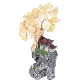 mookaitedecor 13cm Natural Citrine Crystal Tree House Artificial Mountain Hill Ornament Micro Landscape Decoration Scenery Good Luck Yellow Room Decor, Healing Crystal Reiki Gift Oriental Ornament