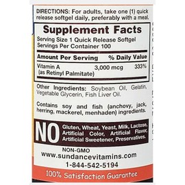 Sundance Vitamins High Potency A 10,000 IU Vitamin Supplement Quick Release Softgels - 100 ct, Pack of 6
