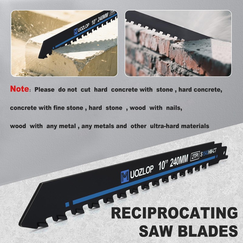 MUOZLOP 10 inch Masonry Reciprocating Saw Blades,2TPI Carbide Blade Strong