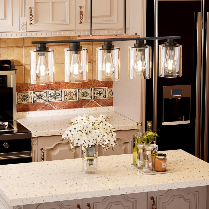 5-Light Kitchen Island Light, 33.4" Island Lighting with Black Metal
