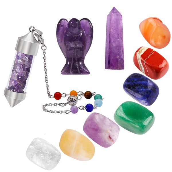 mookaitedecor 10 Pieces Amethyst Healing Crystals Kit, 7 Chakra Tumbled Stones, Pendulum, Pocket Guardian Angel, Crystal Wands 6 Faceted Stone Sets for Beginners, Meditation, Reiki and Balancing