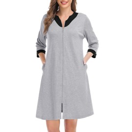 SWOMOG Women Zipper Front Robe 3/4 Sleeve House Coat Zip up Bathrobes Lightweight Nightgown with Pockets S-XXL Grey Large