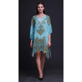 Phagun Blue Floral & Paisley Ladies Kaftan Holiday Loungewear Midi Dress Beach Coverup-S-L