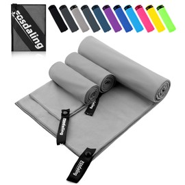 Fosdaling Microfibre Towel Set of 3 - Large 200 x 100 cm and 2 Small 80 x 40 cm, Quick-Drying Microfibre Sports Towel for Travel Towel, Bath Towel, Fitness & Sports Towels and Beach Towel (Light Grey)