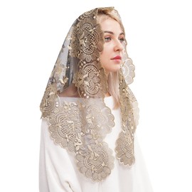 Spanish Mantilla Gold Chaple Veil Traditional Catholic Mass Church Head Covering Embroidery Triangle First Coummunion Latin Mass Veil (Gold Black)