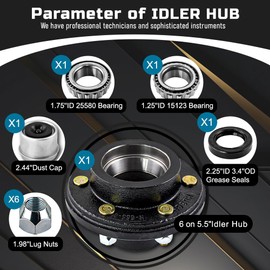 6 on 5.5 Trailer Idler Hub Kits,6 Lug Trailer Hub for 5200-6000 lbs fits 15123-1 1/4" 25580-1 3/4" Axle,Heavy Duty Boat Trailer Hubs, Trailer Idler Hub for Multi-Axle Trailers
