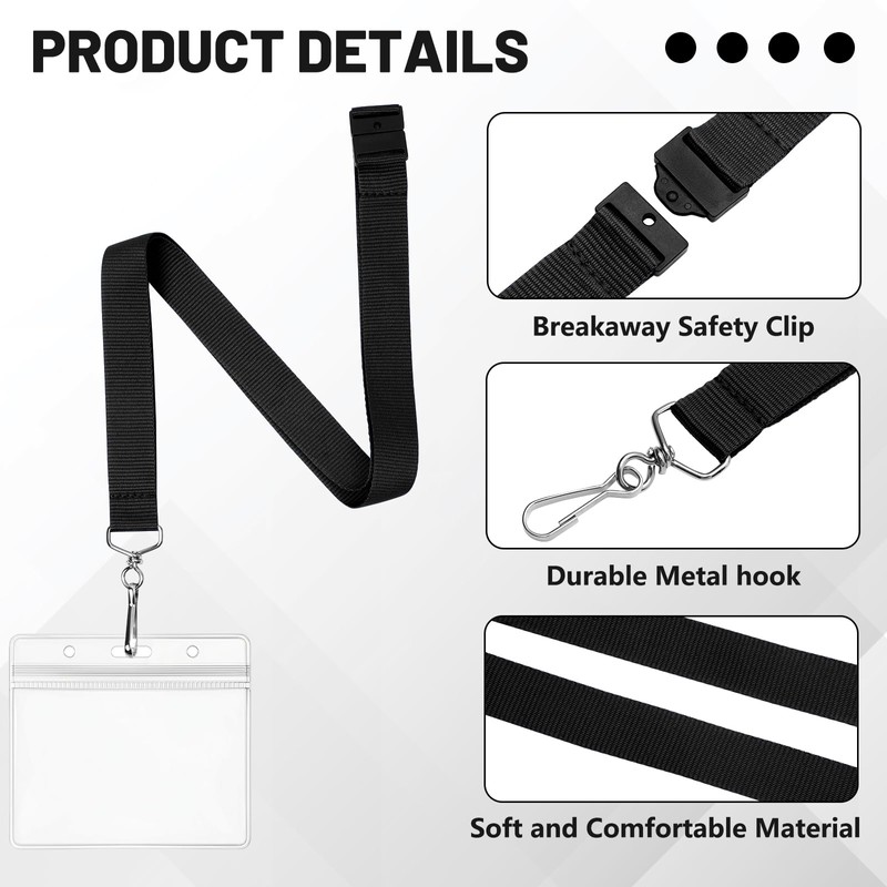25-Pack Black Breakaway Lanyards with Large Horizontal Waterproof Badge Holders,